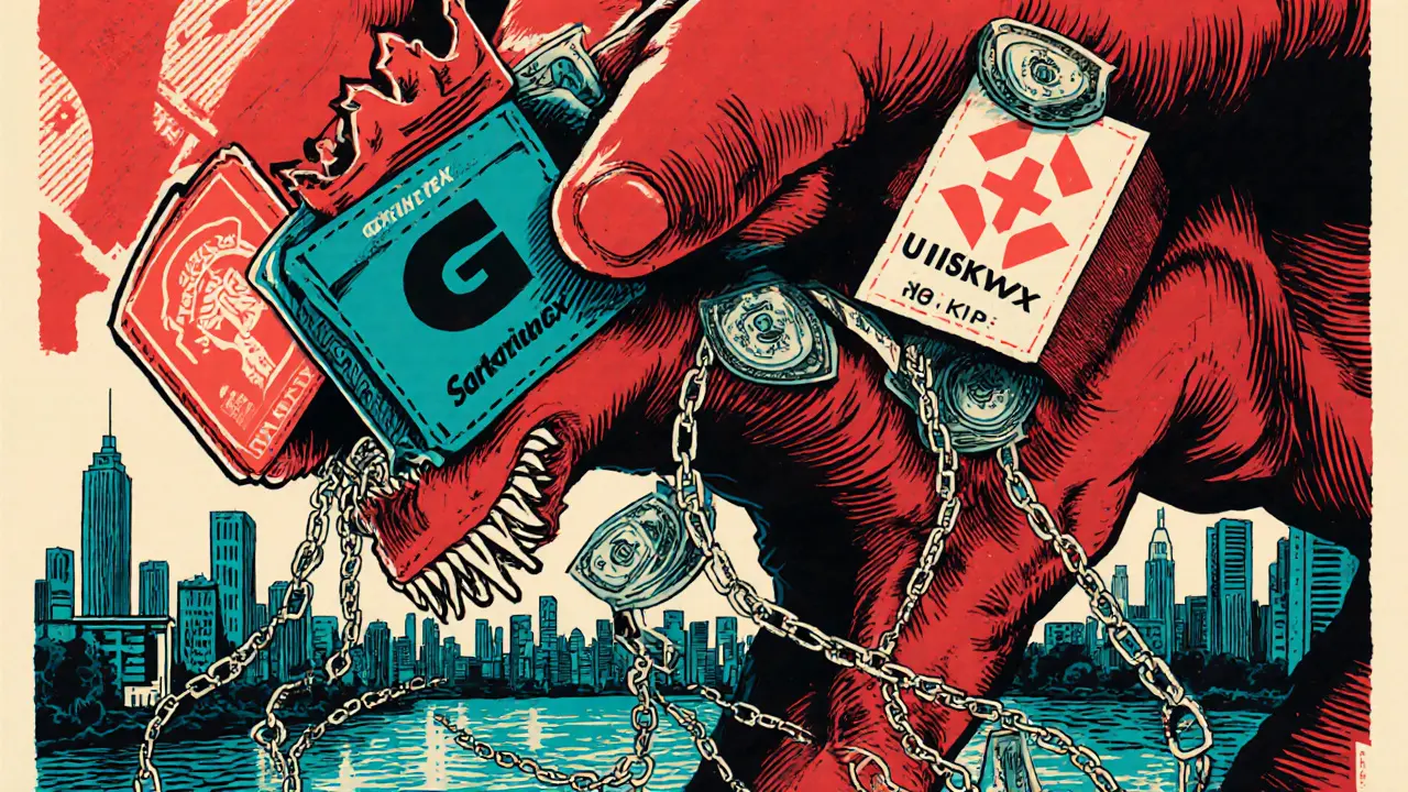 A monstrous blend of crypto exchanges spewing money and chains, crushed by a regulatory stamp.