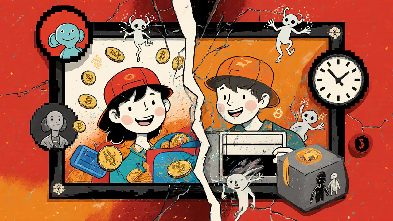 A split reflection showing a happy player versus an empty wallet, with ghostly users dissolving into pixels.