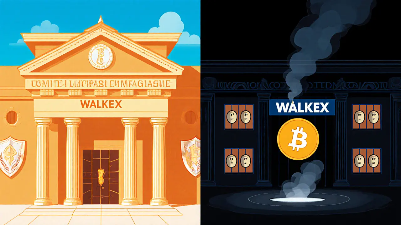 A split scene: a secure, certified exchange on one side, a hollow shell labeled &#039;Walkex&#039; on the other, with a Bitcoin falling into a black hole.