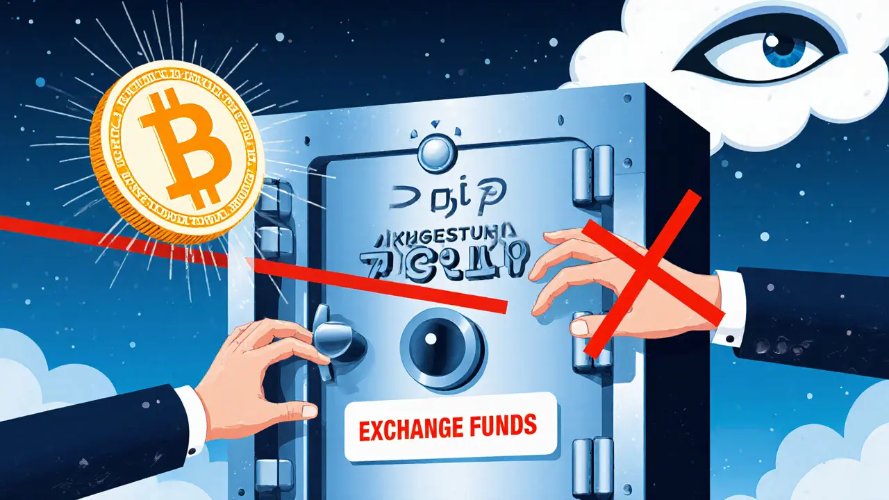 A vault door with customer assets blocked from exchange funds by a red line and an observing FSA eye, symbolic and high-contrast.