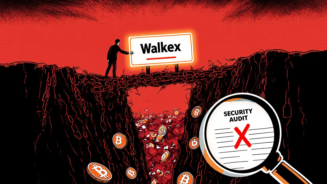 An investor on a crumbling digital bridge reaching toward a flickering &#039;Walkex&#039; sign as Bitcoin coins sink into a chasm below.
