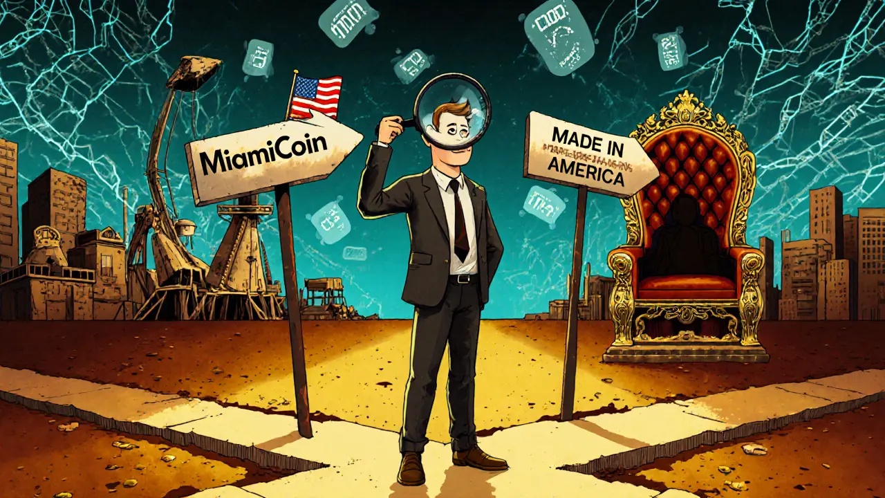 An investor stands at a crossroads with three misleading paths labeled by MIA tokens, surrounded by crumbling blockchain chains.