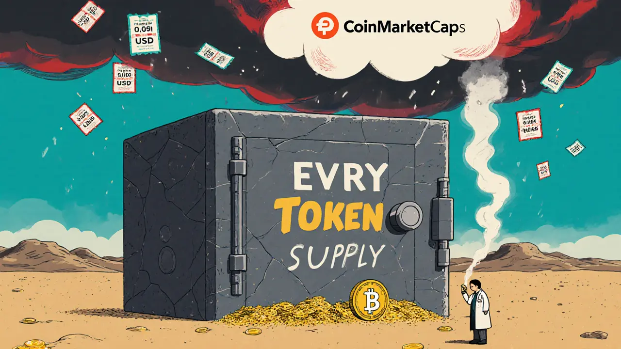 Cracked vault with 960 million unissued EVRY tokens, tiny figure holding a <h2>Red Flags You Should Watch For</h2>.0059 coin under a fake airdrop storm.