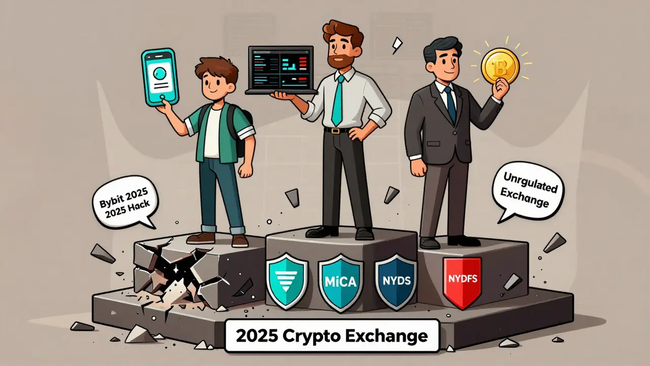 Diverse users on a platform supported by regulatory shields, while failed exchanges crumble below.