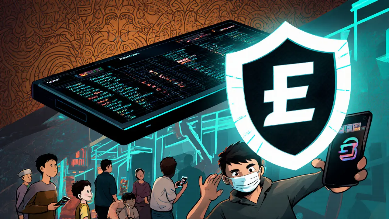 Futuristic DEX above a Southeast Asian market, scammer blocked by official EvryNet shield in stylized graphic art.