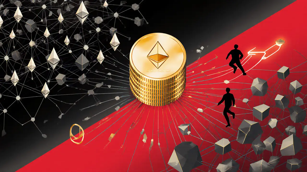 KNG token splitting between Ethereum and Polygon blockchain networks in geometric poster art.