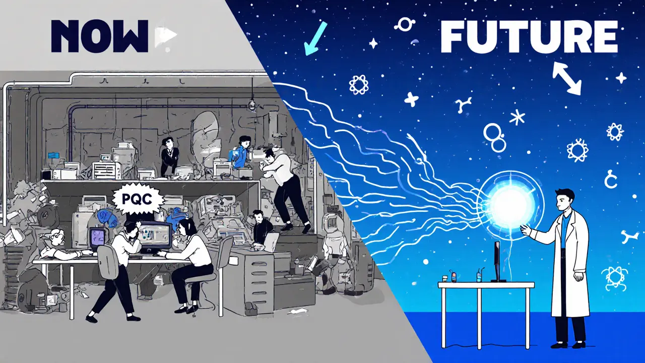 Split scene: chaotic software updates vs. calm quantum lab, symbolizing PQC and QKD in stylized Polish poster aesthetic.