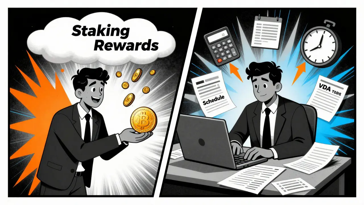 Split scene: one side shows crypto income raining down, the other shows drowning in tax paperwork with an 8-year clock.