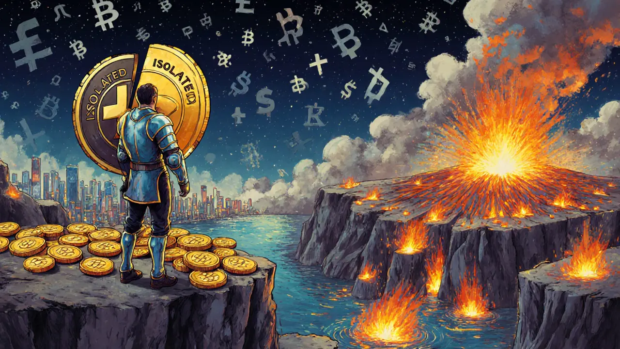 Trader in coin armor standing on a cliff, one path to safety, the other to explosion, with stylized crypto symbols in background.
