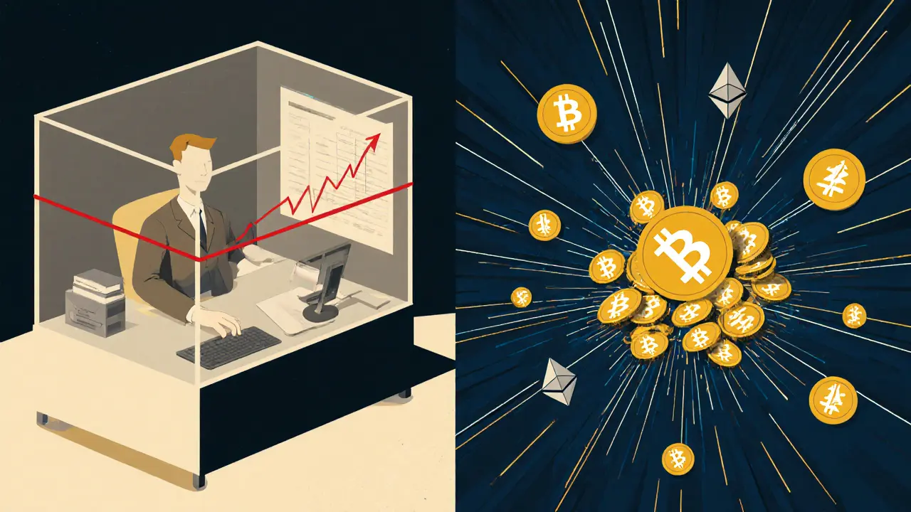 Two trading desks: one with a single capped position, another with coins draining into a vortex, rendered in bold geometric style.