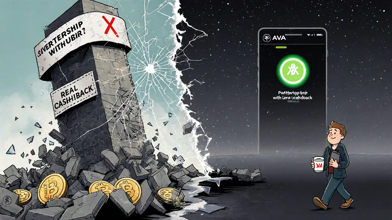 A collapsing GRAB token tower as a driver walks away from a broken partnership banner toward real cashback.