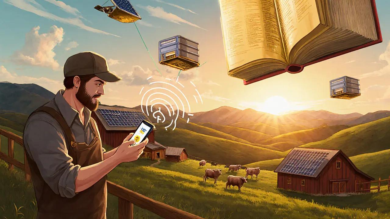A farmer in rural Montana receives crypto rewards as wireless signals track livestock under solar panels.