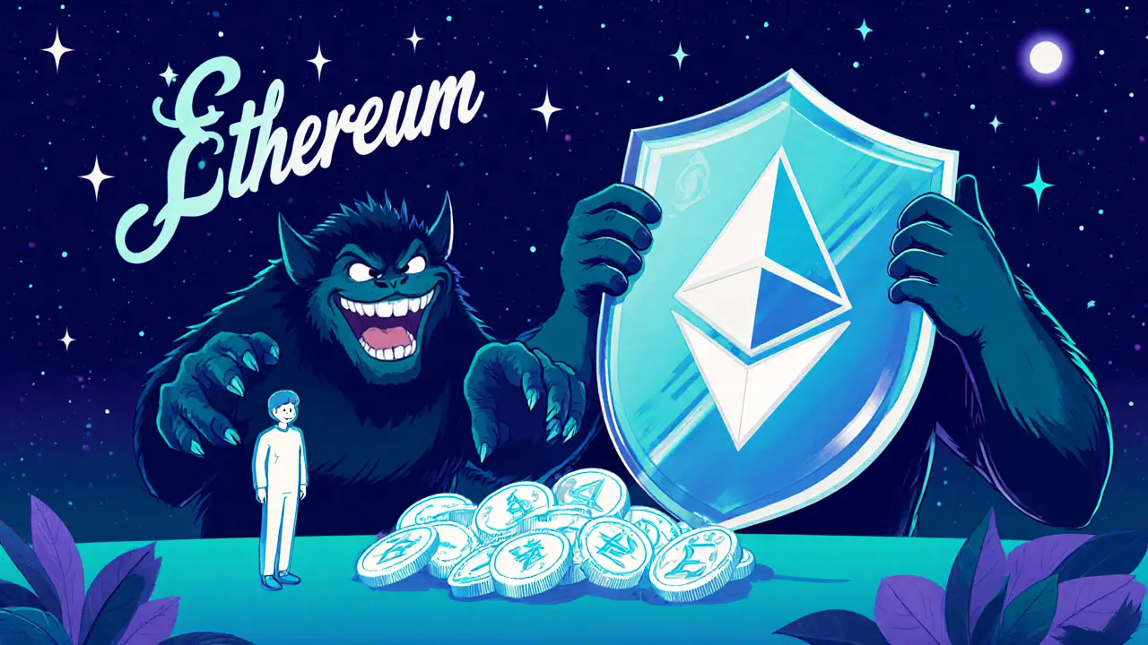 A glowing zero-knowledge shield protects tokens from a shadowy centralized exchange monster.