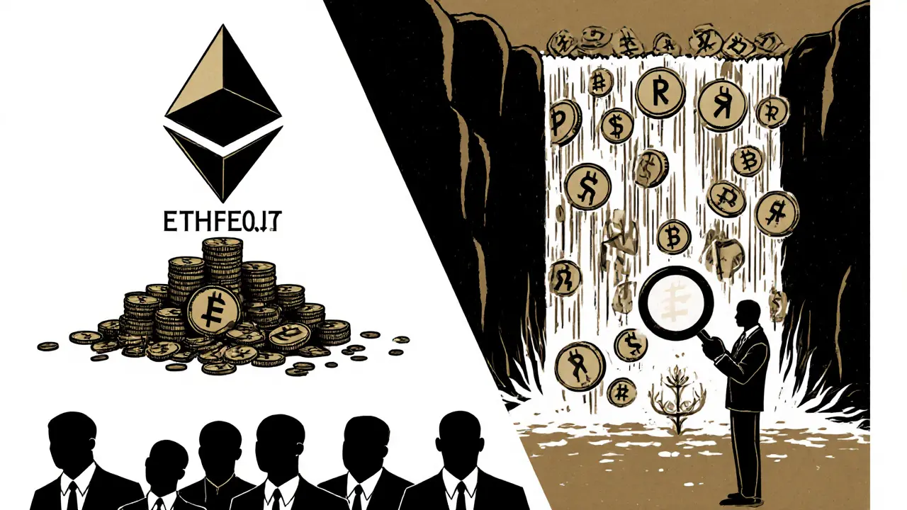 A high withdrawal fee crushing coins versus a deep liquidity waterfall in poster design.