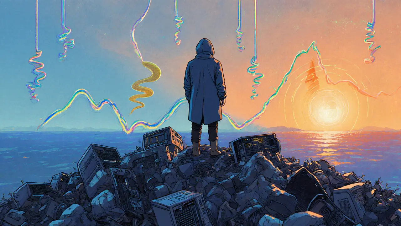 A miner watches a rising Bitcoin price line at dawn amid discarded mining equipment.