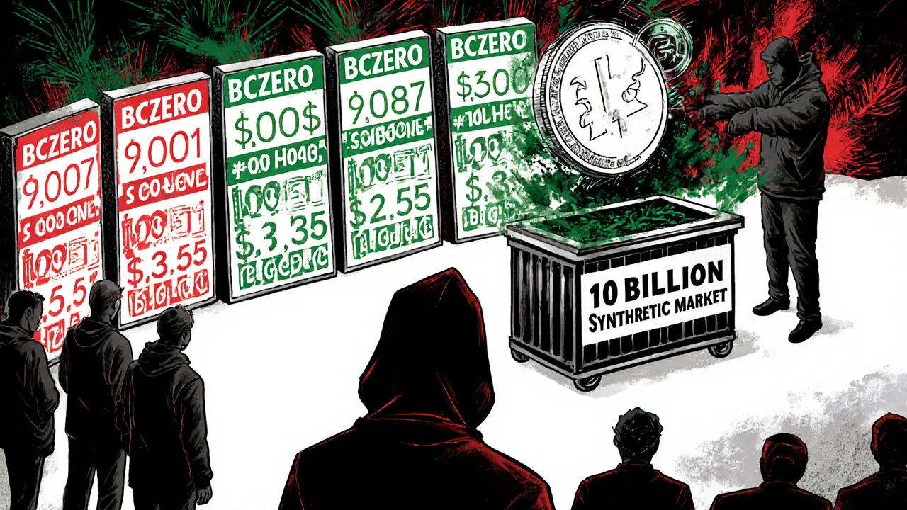 A person faces flickering screens showing fake BCZERO prices while a shadowy team discards the token into trash.