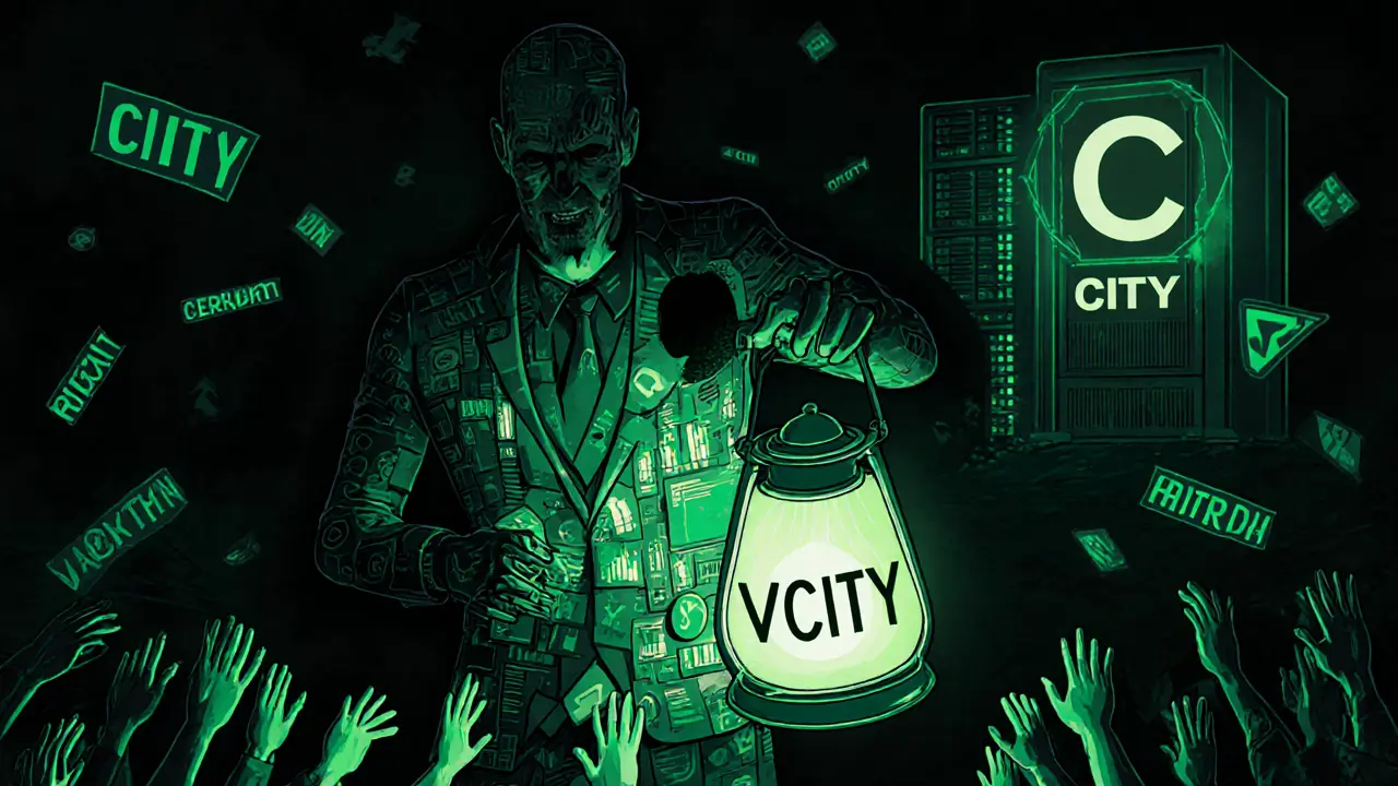 A shadowy scammer holds a fake VCITY lantern while the real CITY blockchain fades in the background.