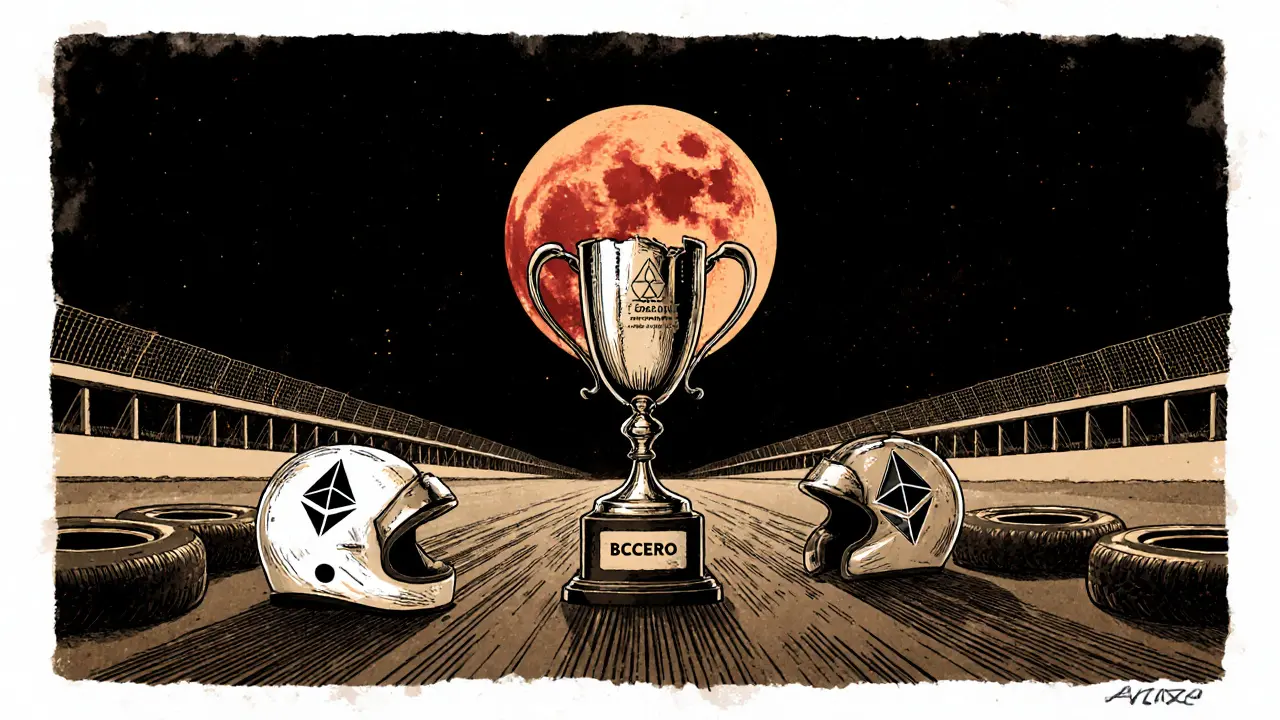 An empty racetrack with a broken BCZERO trophy under a blood-orange moon, no one in sight.