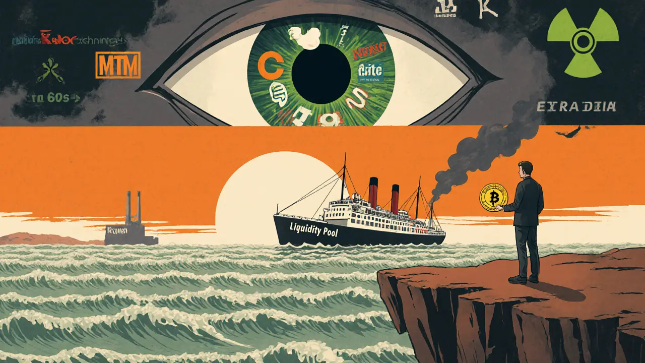 An investor stands on a cliff holding a DDM token, watching a ship labeled &#039;Liquidity Pool&#039; sink into fake trading waves under a watching eye of exchanges.