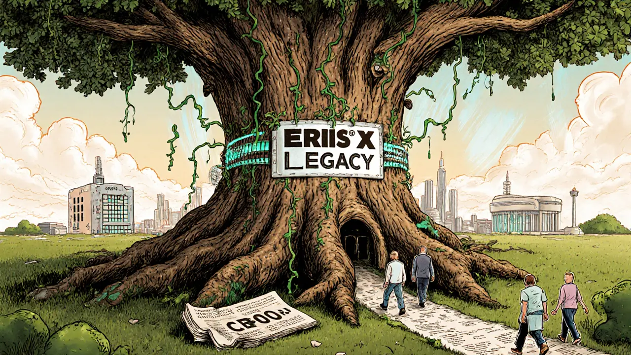 Ancient ErisX oak tree feeds digital Cboe Digital hub with compliance roots, while funds walk along a trading path.