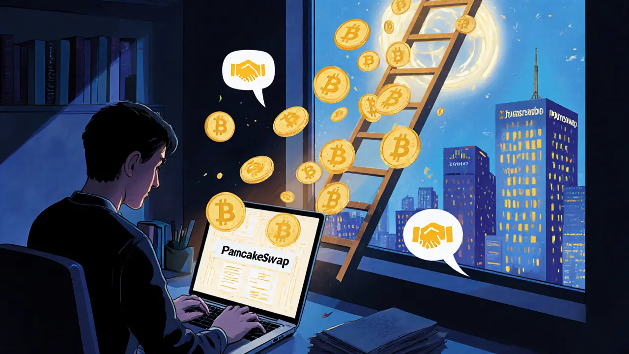 Contributor earns SA tokens forming a ladder to a social trading network, with crypto-chart city skyline behind.