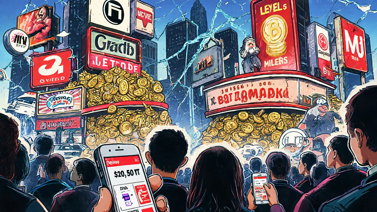 Drivers in a marketplace surrounded by NFT dealers, one holding a phone showing <h2>The NFT Vehicle Trap</h2>.50 earned after 127 miles.