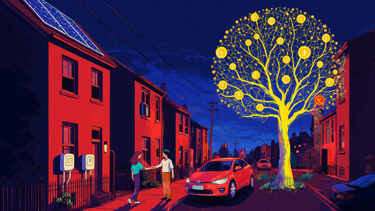 Neighbors exchange solar energy via blockchain meters in a Brooklyn street, with a node-tree growing from the sidewalk.