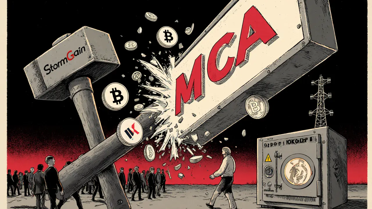 Regulatory hammer smashes 300x leverage sign as StormGain logos turn into YouHodler coins, traders walk away.