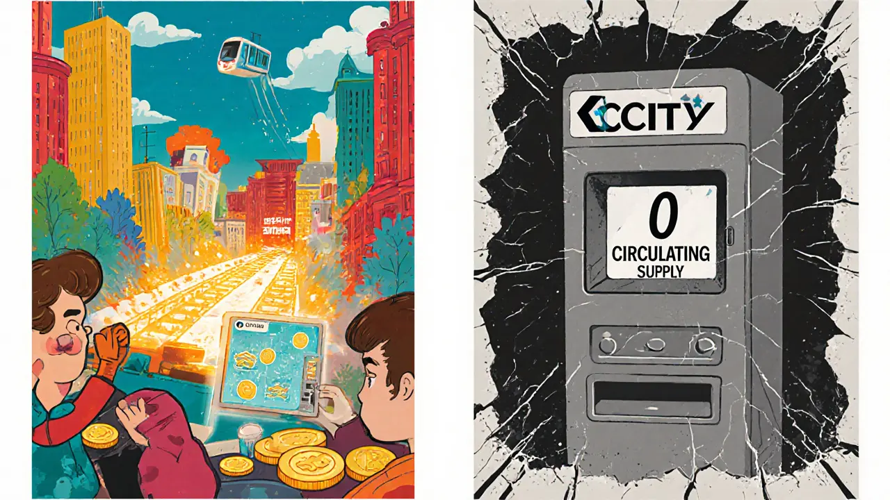 Split illustration: hopeful 2018 smart city vision vs. today’s empty, grayscale ruins of the CITY coin project.