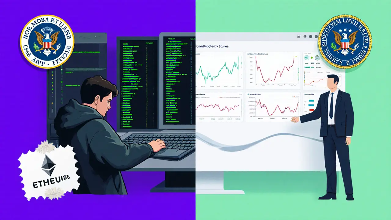 Split illustration: outdated ErisX terminal vs modern Cboe Digital dashboard with institutional investor.