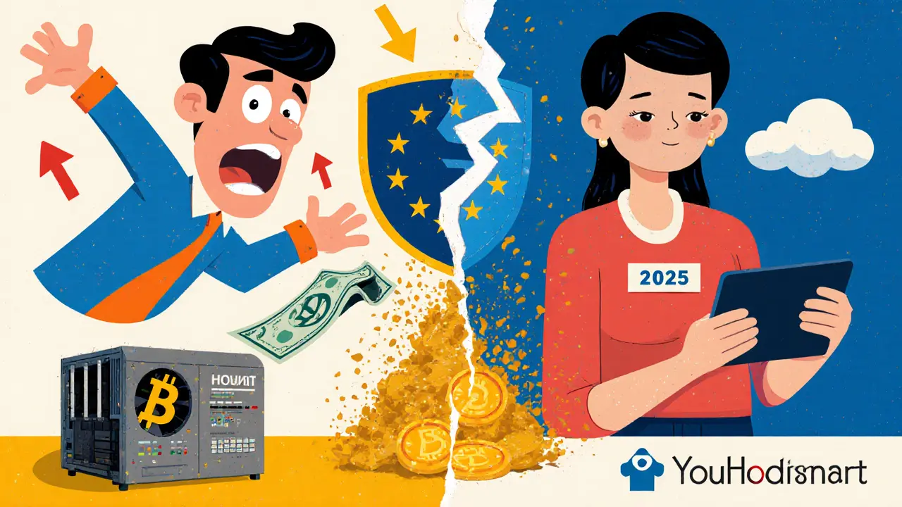 Split image: wild 2024 trader with high leverage vs. calm 2025 trader using regulated YouHodler app.