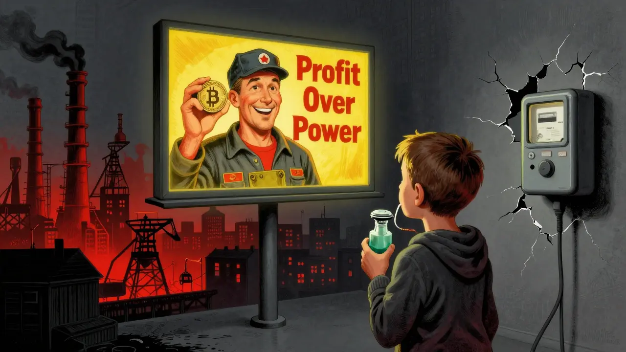 A child with an oxygen machine stares at a billboard promoting Bitcoin profit over power, surrounded by industrial monsters.