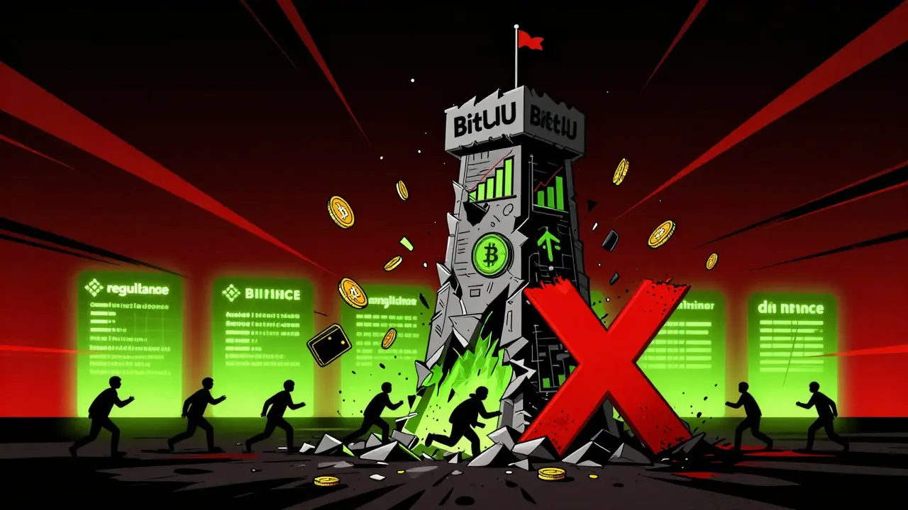 A crumbling tower labeled BitUBU collapses as users flee, blocked by a giant red X.