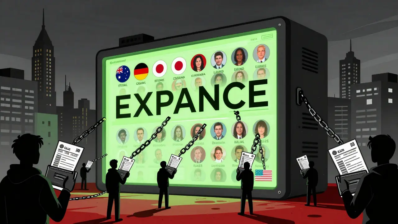 A crypto exchange tower casting chains over users with flags, surrounded by invisible tax forms, in bold poster art style.