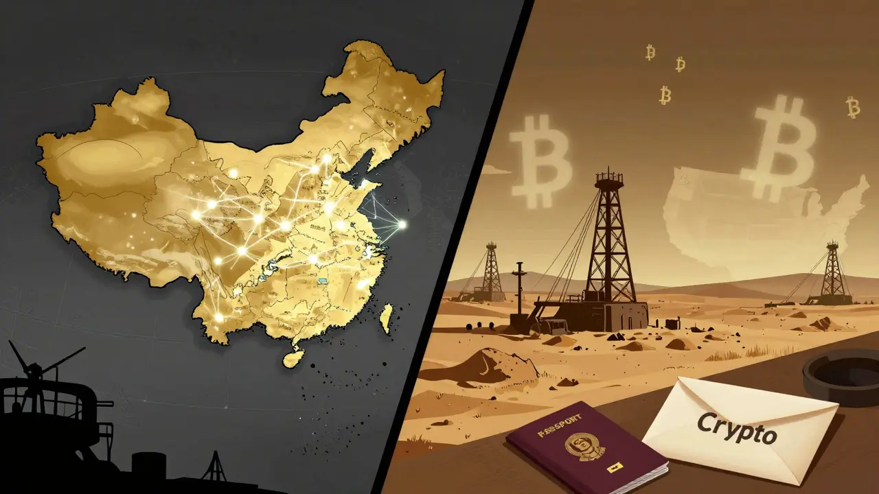 A divided world: China's digital yuan network pulses brightly while crypto mining rigs decay abroad, with a sealed envelope labeled 'Crypto' on a desk.