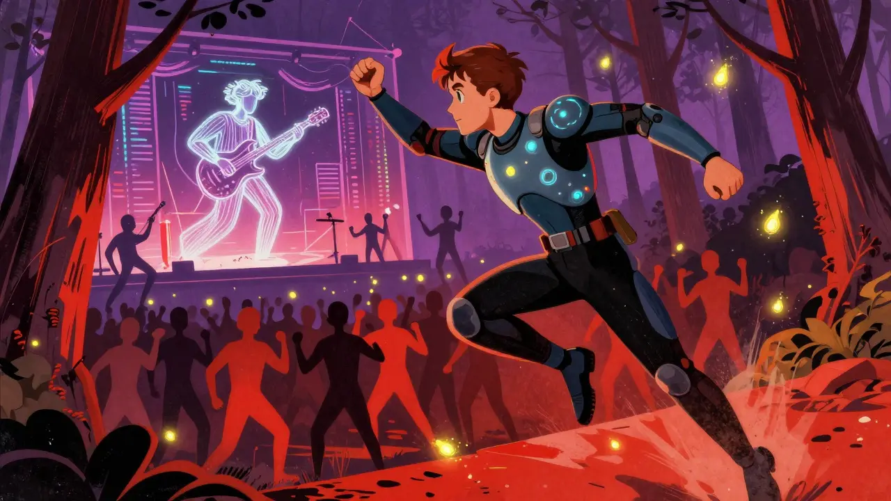 A dynamic figure mid-jump in a virtual forest, surrounded by digital fireflies and a code-based musician performing a concert.
