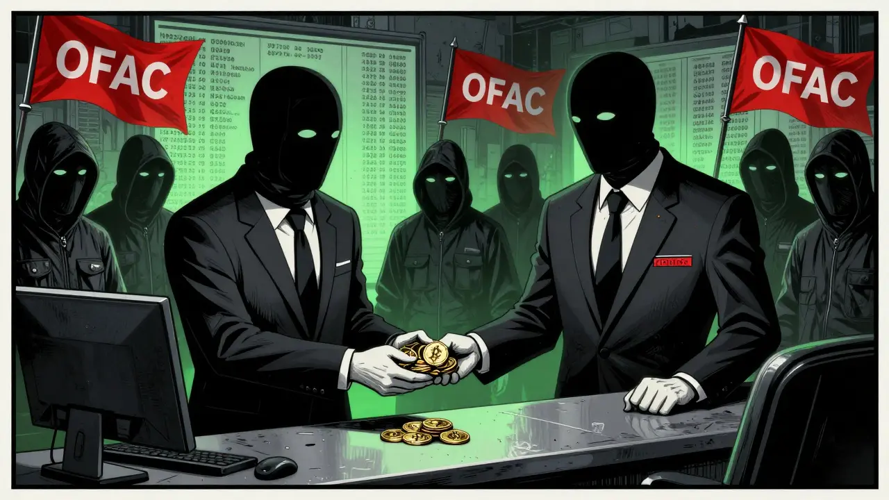 A faceless exchange entity hands stablecoins to masked cybercriminals amid scrolling blockchain logs.