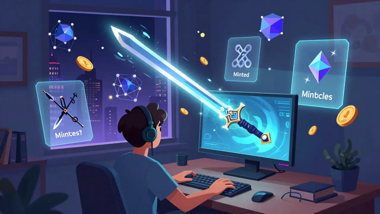 A gamer in a bedroom watches a pulsing NFT sword evolve, surrounded by floating transaction panels and blockchain symbols.