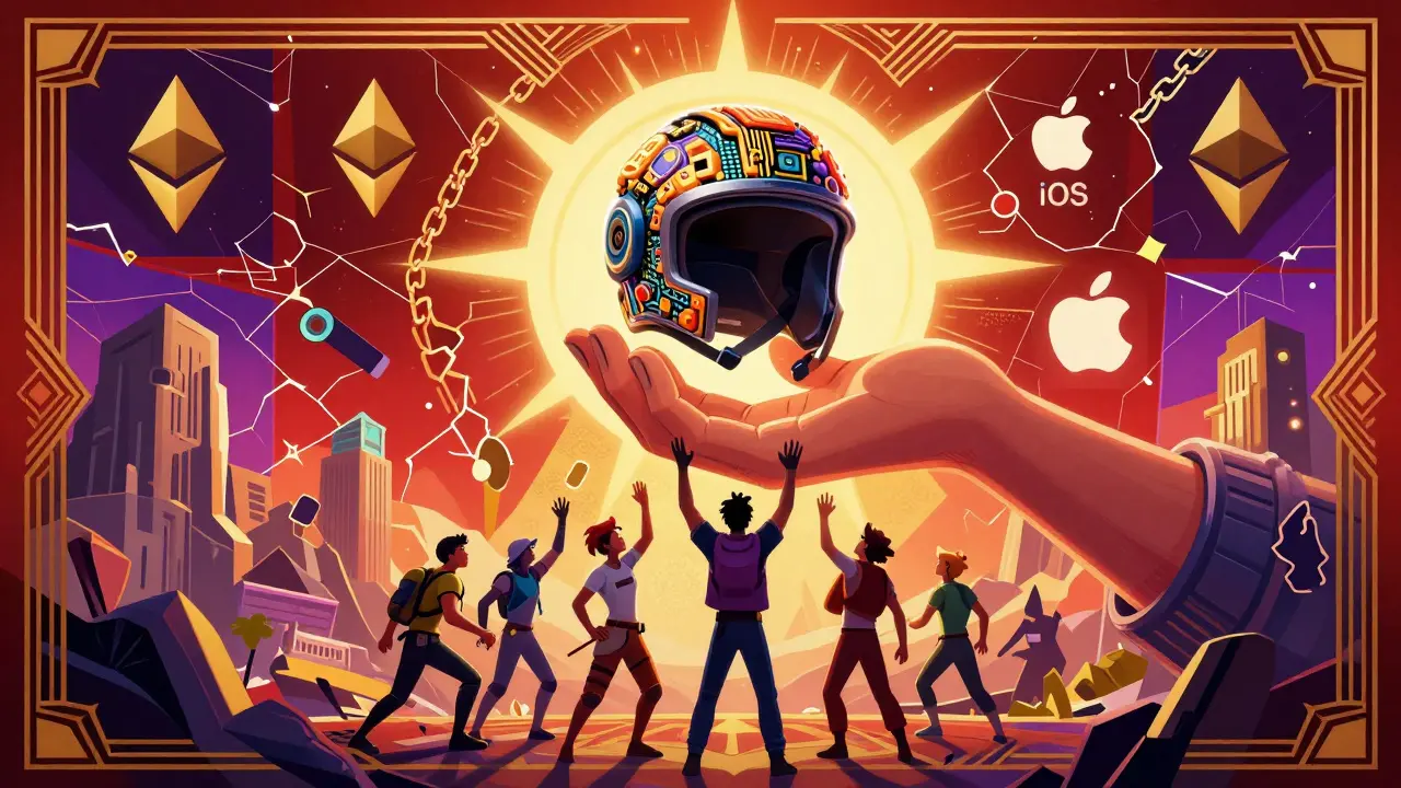 A giant circuit-hand lifts an NFT helmet as players from multiple games reach for it, against a blockchain and iOS sunrise backdrop.