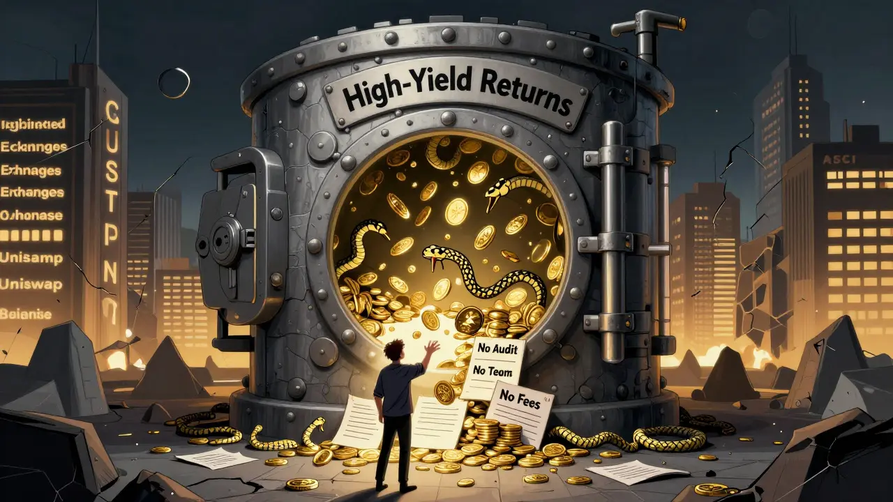 A glowing yield vault turns coins into snakes, while users reach toward it unaware of hidden dangers.