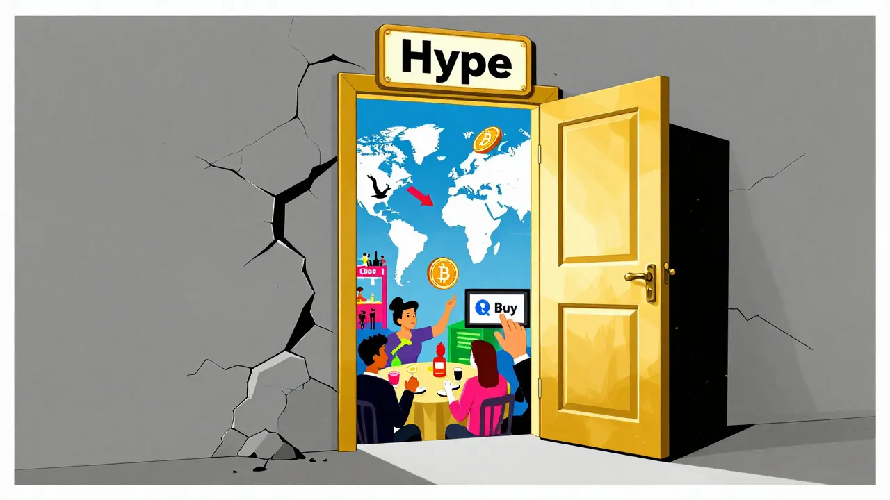 A golden NFT door opening from a &#039;Hype&#039; wall into a vibrant ecosystem of remittances, stablecoins, and metaverse activity.