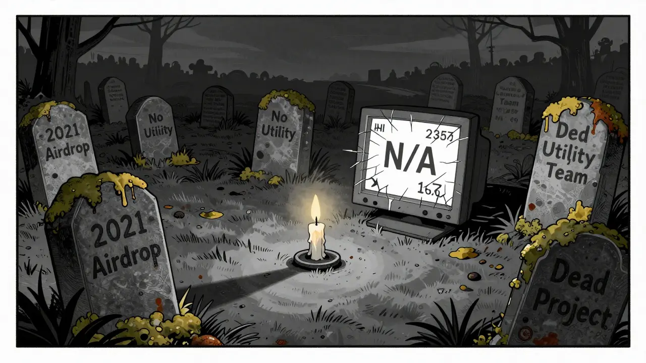 A graveyard of crypto wallets with tombstones marking the death of a failed project.
