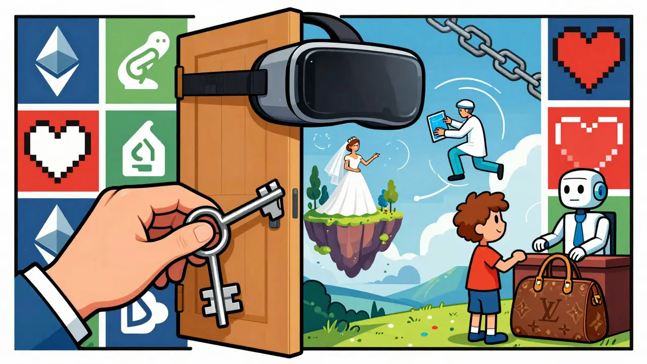 A key made of NFT tokens unlocking a VR headset door, revealing a metaverse with weddings, surgeries, and digital commerce.
