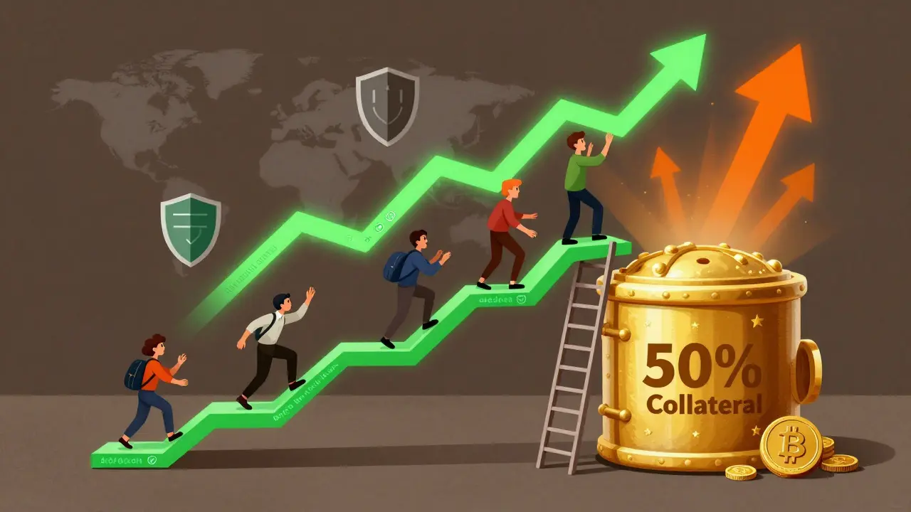 A ladder of reputation scores rising from a crypto wallet to a 50% collateral vault, with global users climbing and shields protecting them.