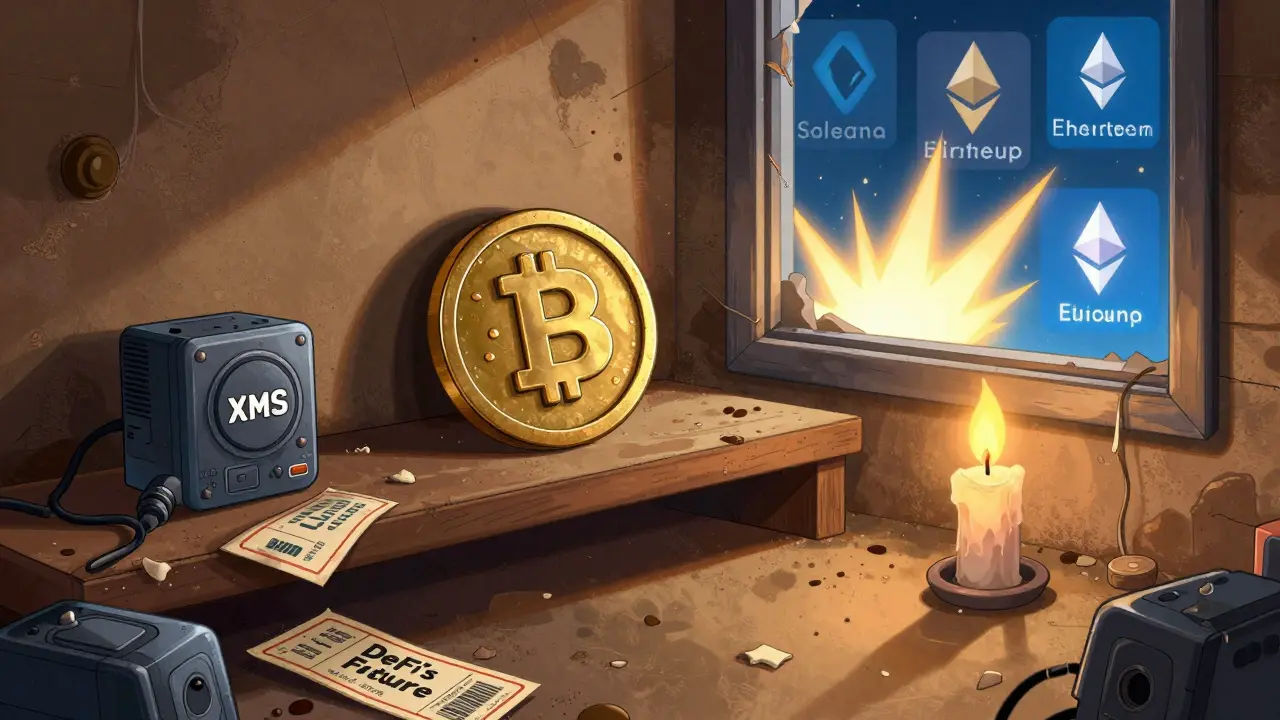 A lone XMS token on a dusty shelf in an abandoned crypto temple, candles flickering as new projects shine outside.