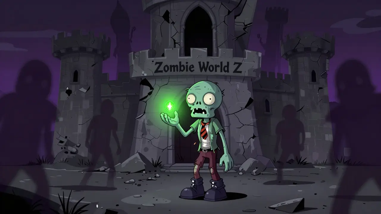 A lone zombie mascot holding a frozen token before a crumbling digital castle.
