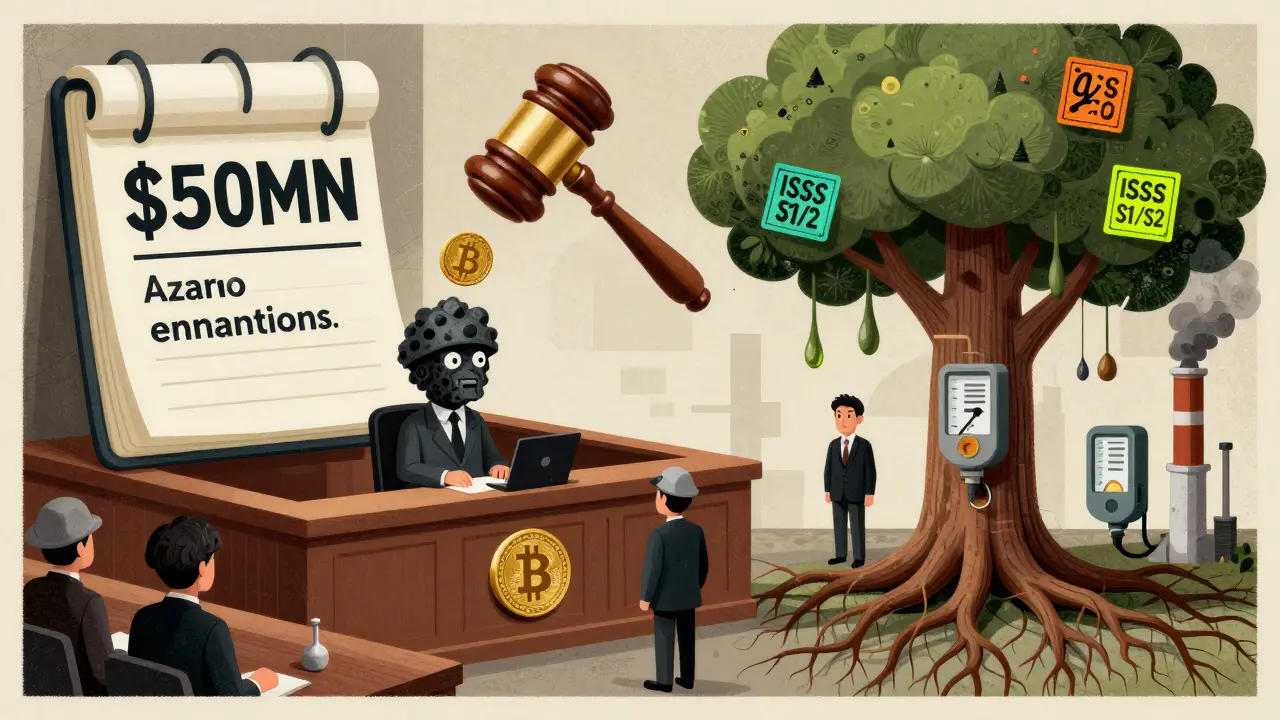 A miner on trial before tax authorities, with a ledger and carbon emissions tree, rendered in expressionist poster style.