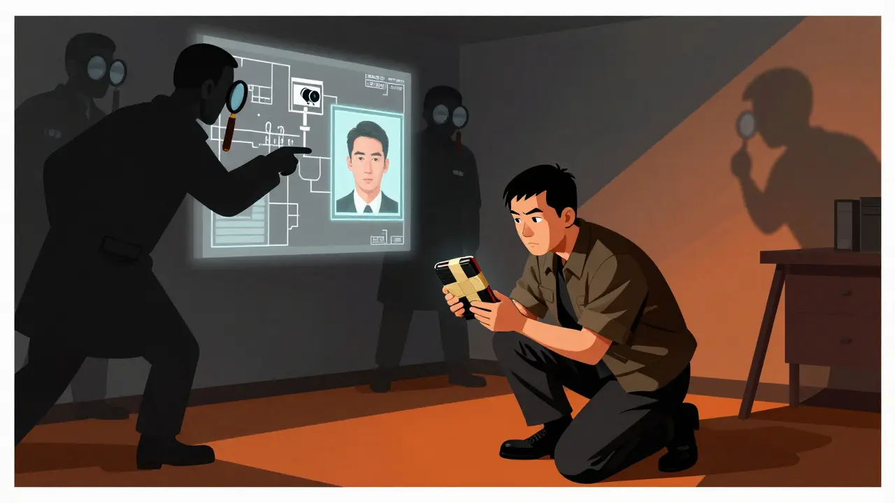 A person hides a hardware wallet as shadowy surveillance figures track their digital footprint with blockchain maps and facial recognition.