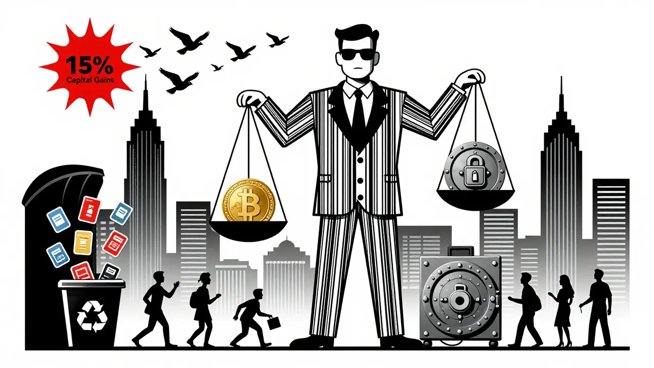 A regulatory guardian stands over Manila with a crypto coin and vault on a scale, while tax birds fly toward the sun.