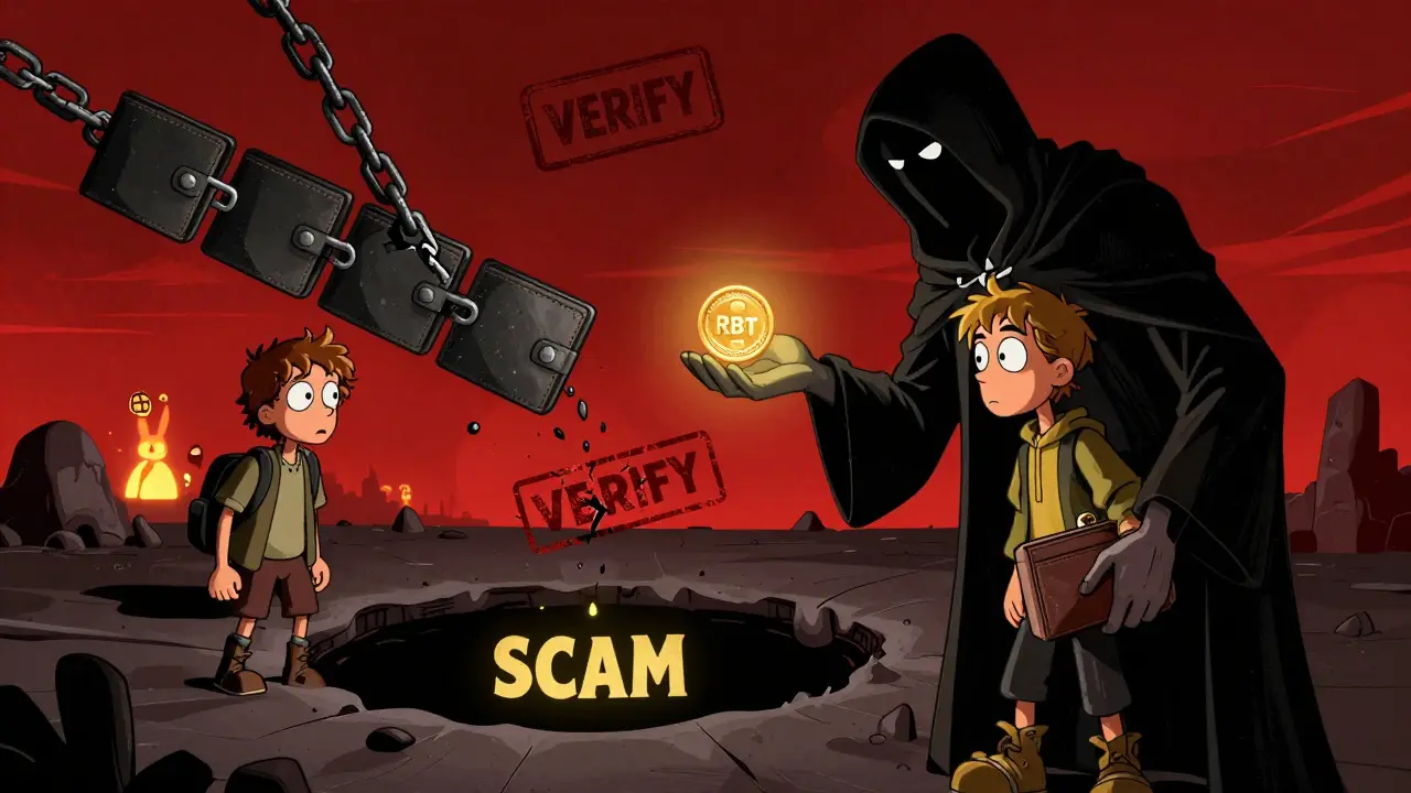 A shadowy figure offering a fake RBT token while wallets drain into a black hole, with real projects glowing in the distance.